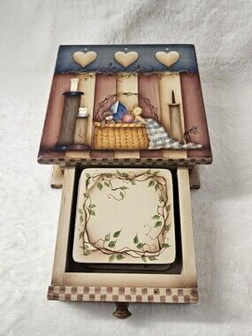Vintage Hand Painted Wooden Cottagecore Country Coaster Box Set